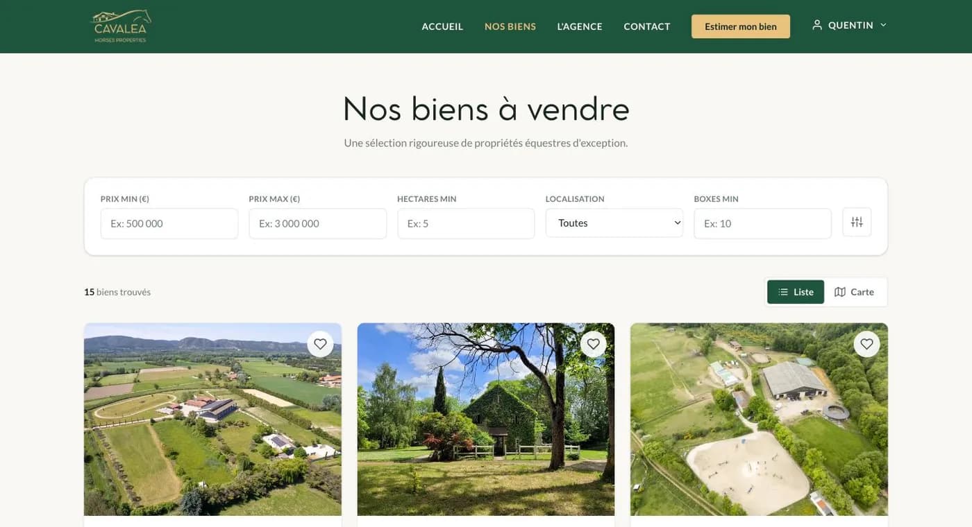 Le listing des biens, avec filtres